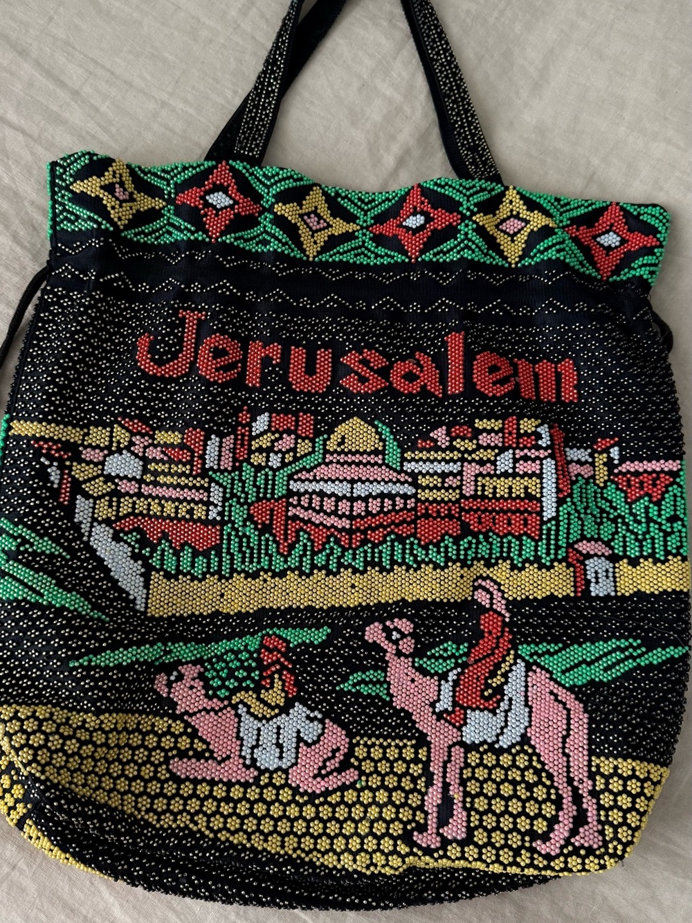 Jerusalem Beaded Tote Bag in Black with Multicolor Motif